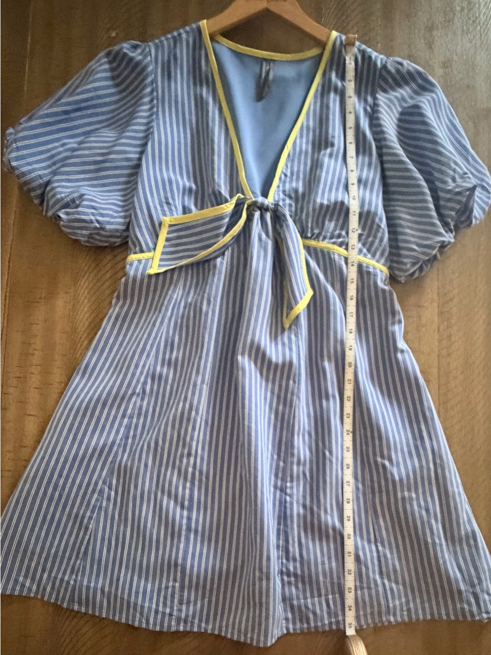 Anthropologie Maeve Blue Striped Midi Dress Yellow Trim Tie Front Size L Boho - Picture 7 of 10